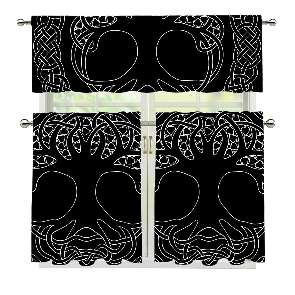 Black And White Viking Yggdrasil Print 3 Piece Kitchen Curtains