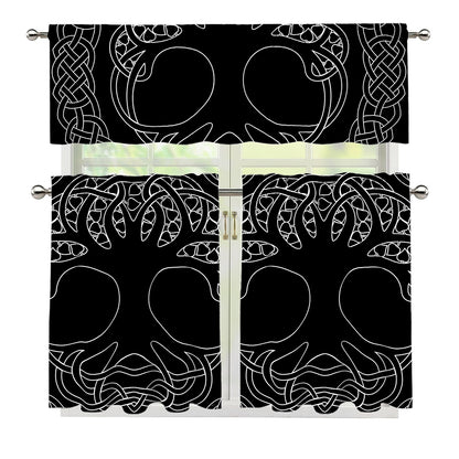 Black And White Viking Yggdrasil Print 3 Piece Kitchen Curtains