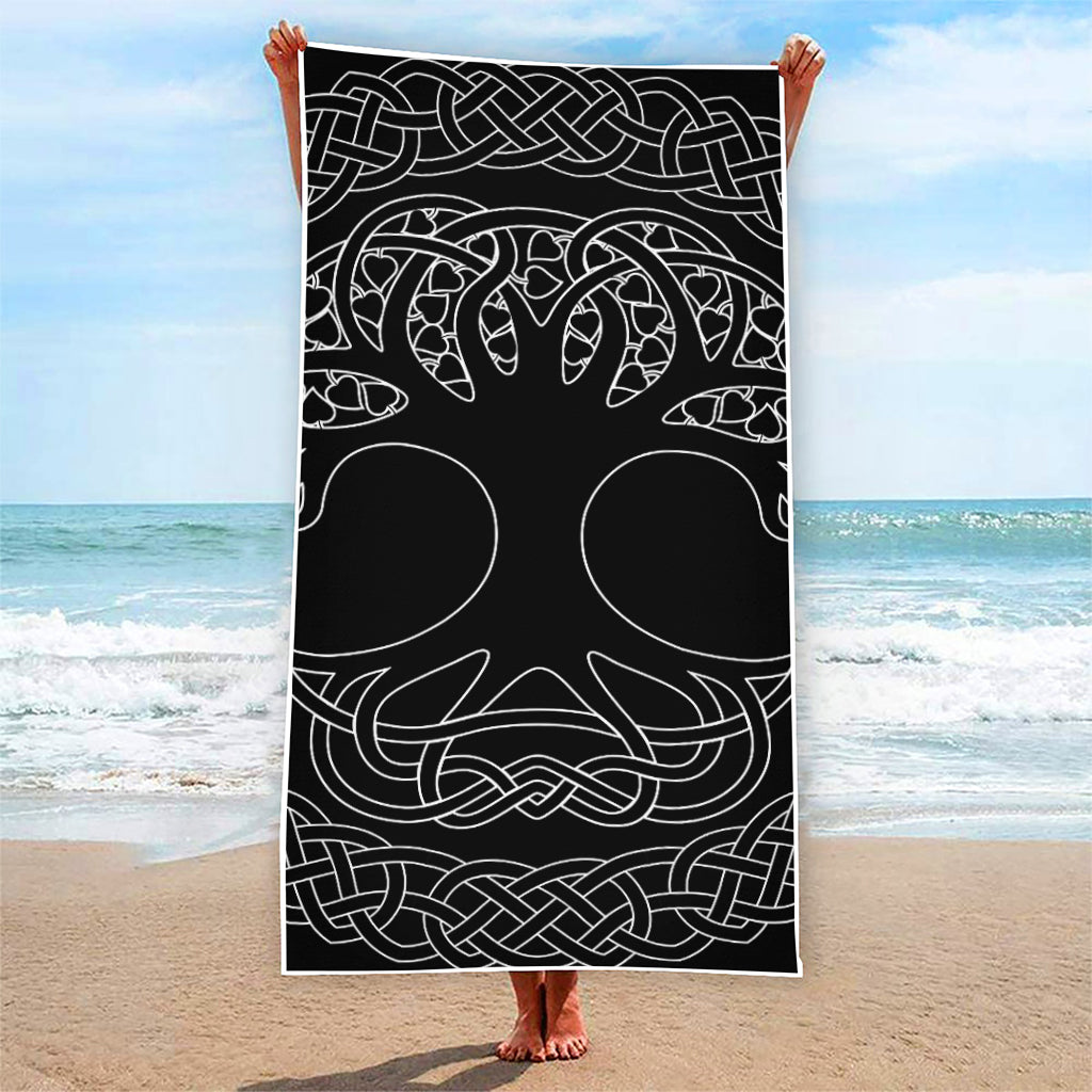 Black And White Viking Yggdrasil Print Beach Towel
