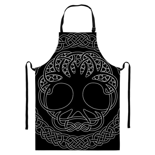 Black And White Viking Yggdrasil Print Bib Apron With Pocket