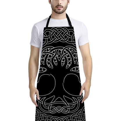 Black And White Viking Yggdrasil Print Bib Apron With Pocket