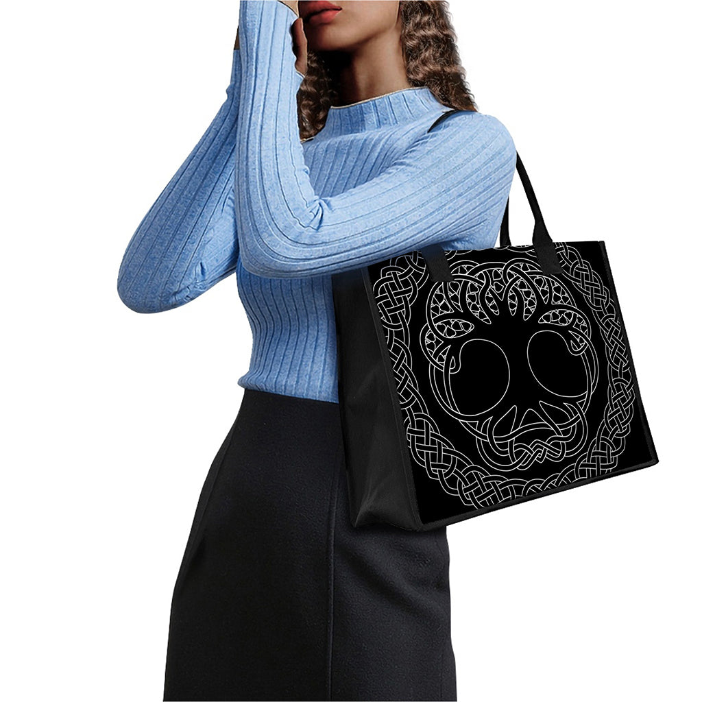 Black And White Viking Yggdrasil Print Canvas Tote Bag