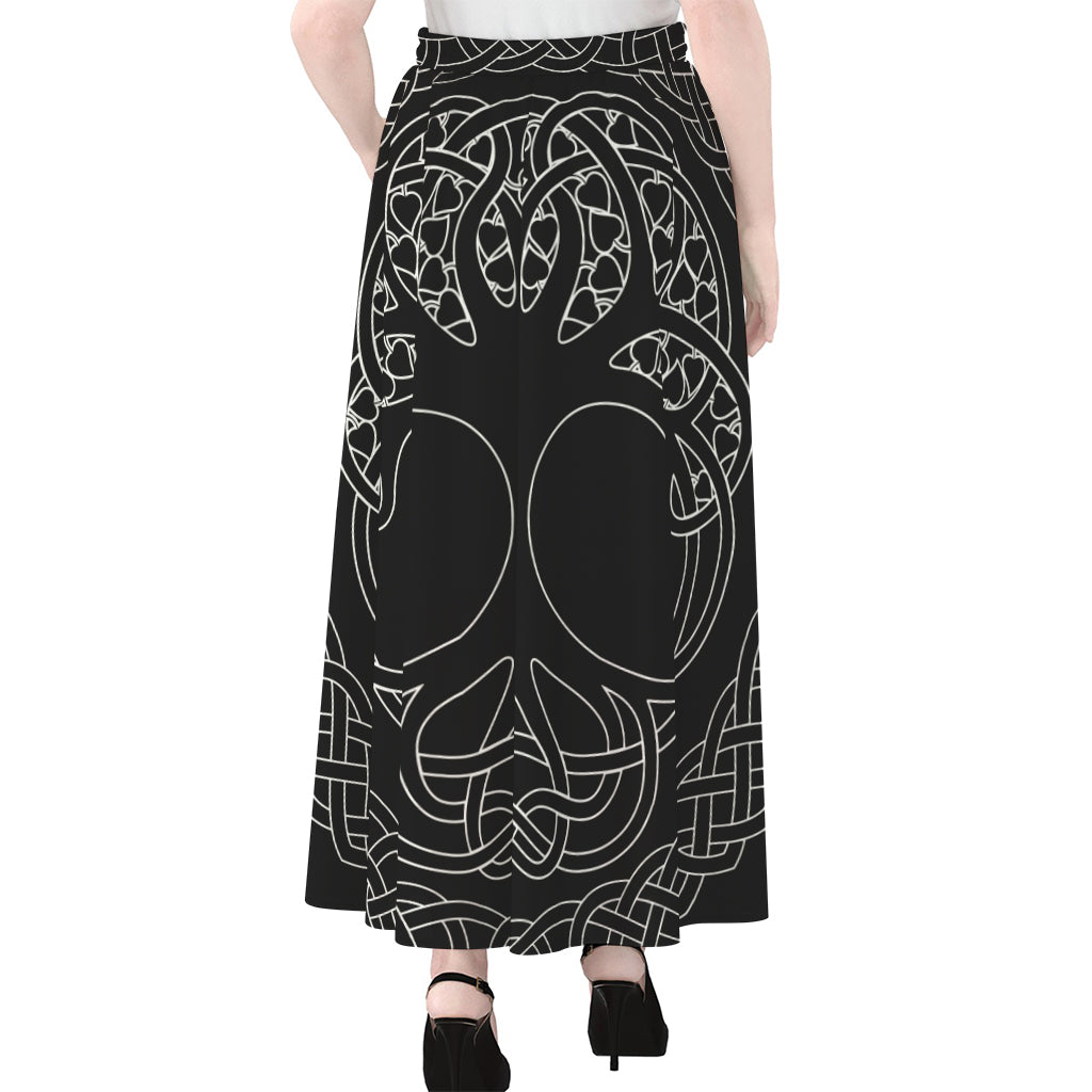 Black And White Viking Yggdrasil Print Chiffon Maxi Skirt