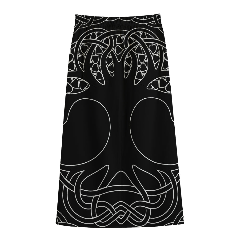 Black And White Viking Yggdrasil Print Cotton Front Slit Maxi Skirt