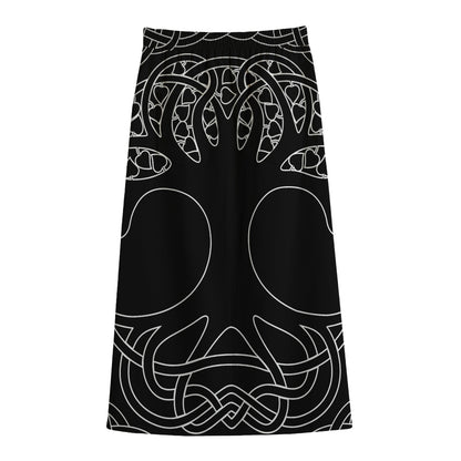 Black And White Viking Yggdrasil Print Cotton Front Slit Maxi Skirt