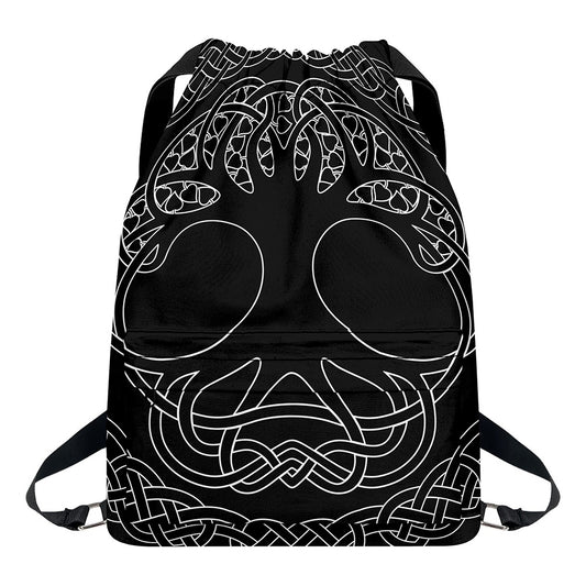 Black And White Viking Yggdrasil Print Drawstring Backpack