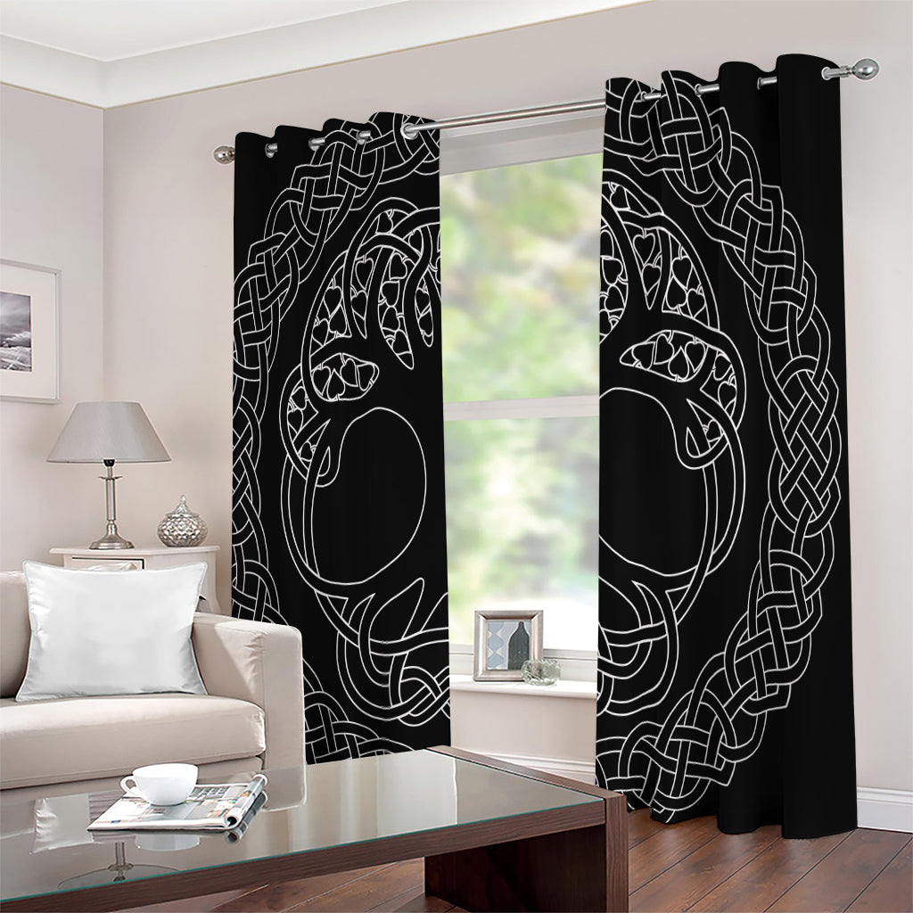 Black And White Viking Yggdrasil Print Extra Wide Grommet Curtains