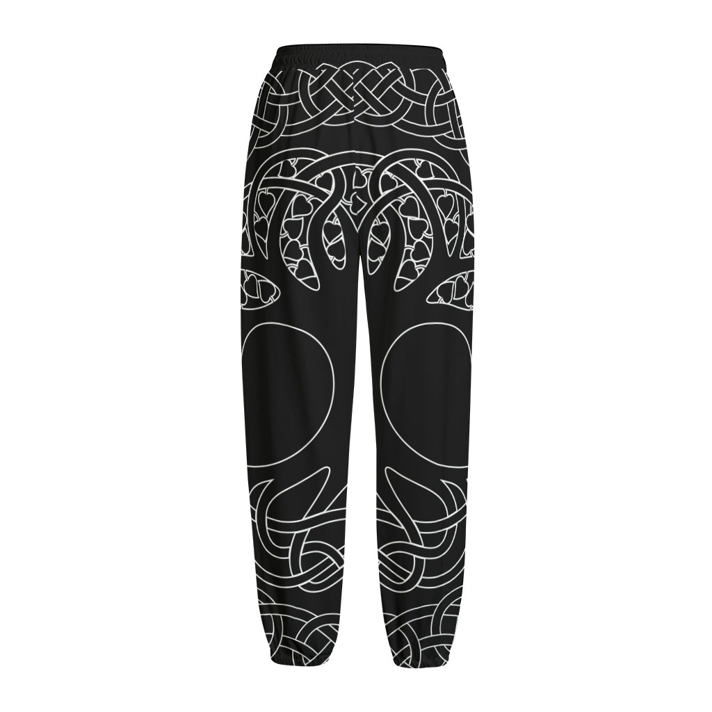 Black And White Viking Yggdrasil Print Fleece Lined Knit Pants