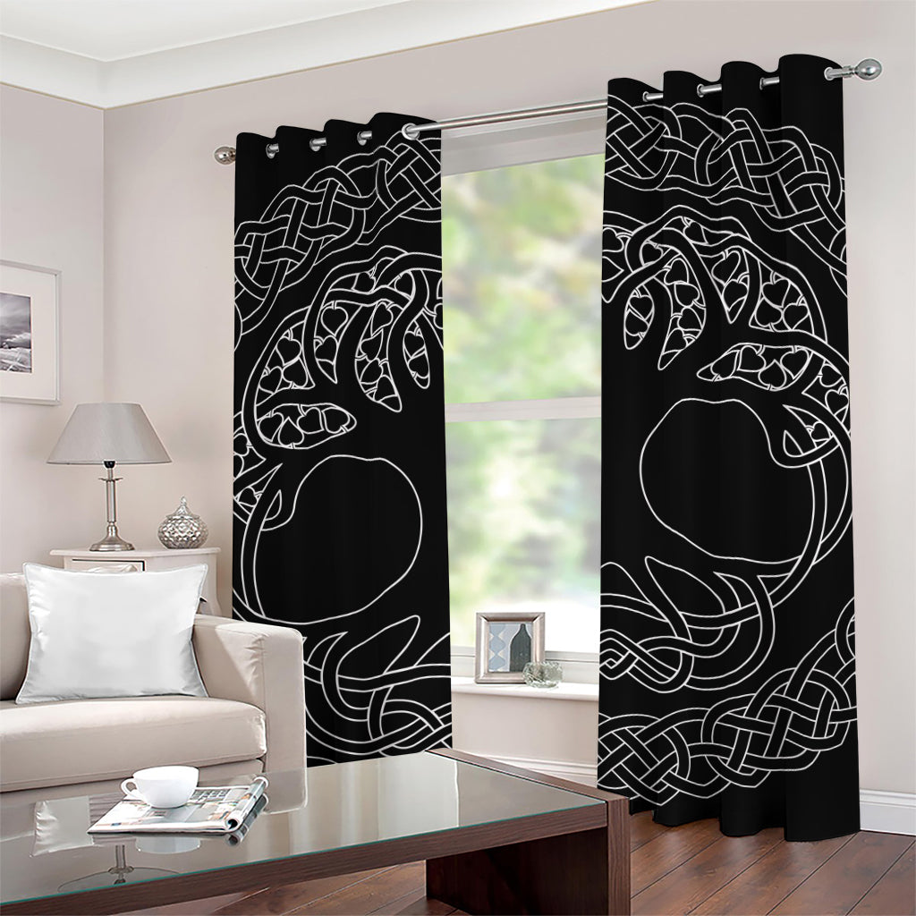 Black And White Viking Yggdrasil Print Grommet Curtains