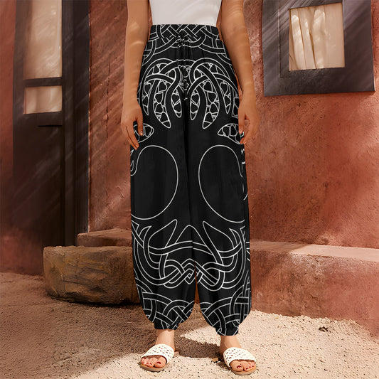 Black And White Viking Yggdrasil Print Harem Pants
