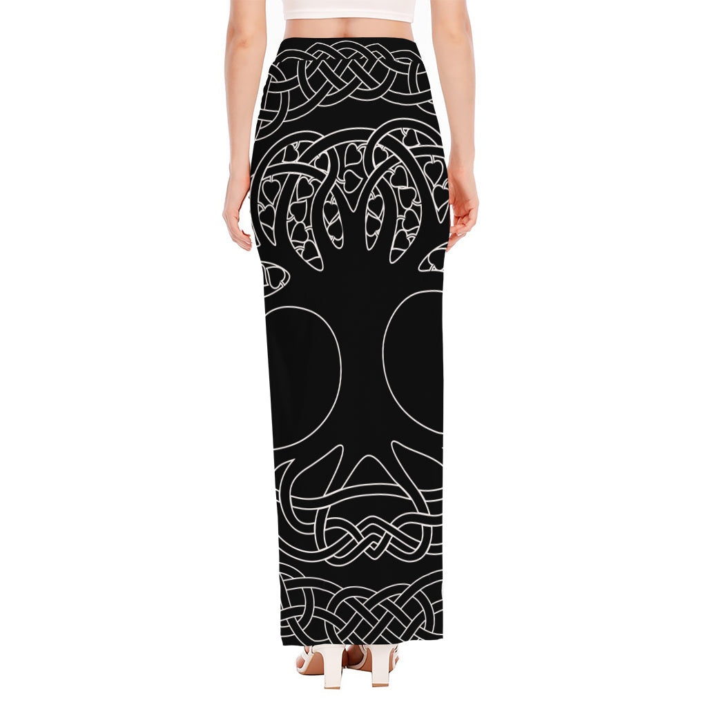 Black And White Viking Yggdrasil Print High Slit Maxi Skirt
