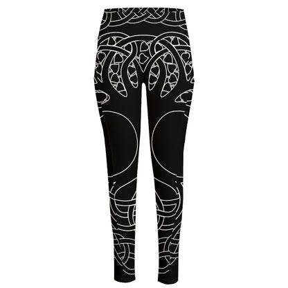 Black And White Viking Yggdrasil Print High-Waisted Pocket Leggings