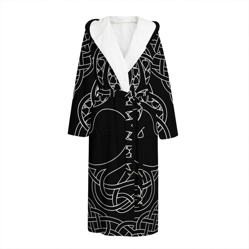 Black And White Viking Yggdrasil Print Hooded Bathrobe