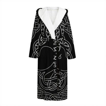 Black And White Viking Yggdrasil Print Hooded Bathrobe