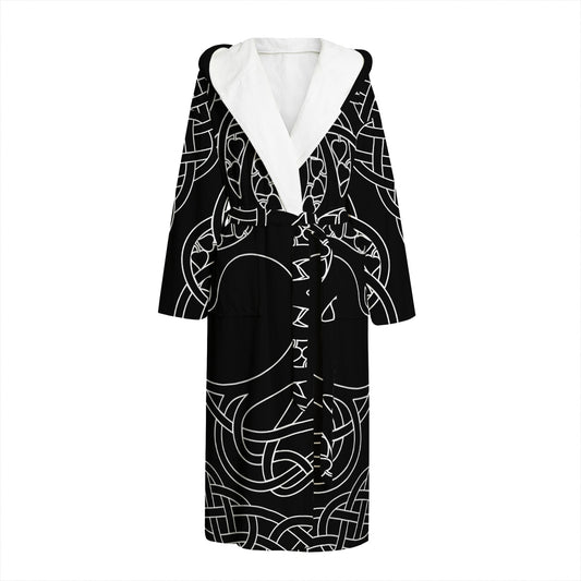 Black And White Viking Yggdrasil Print Hooded Bathrobe