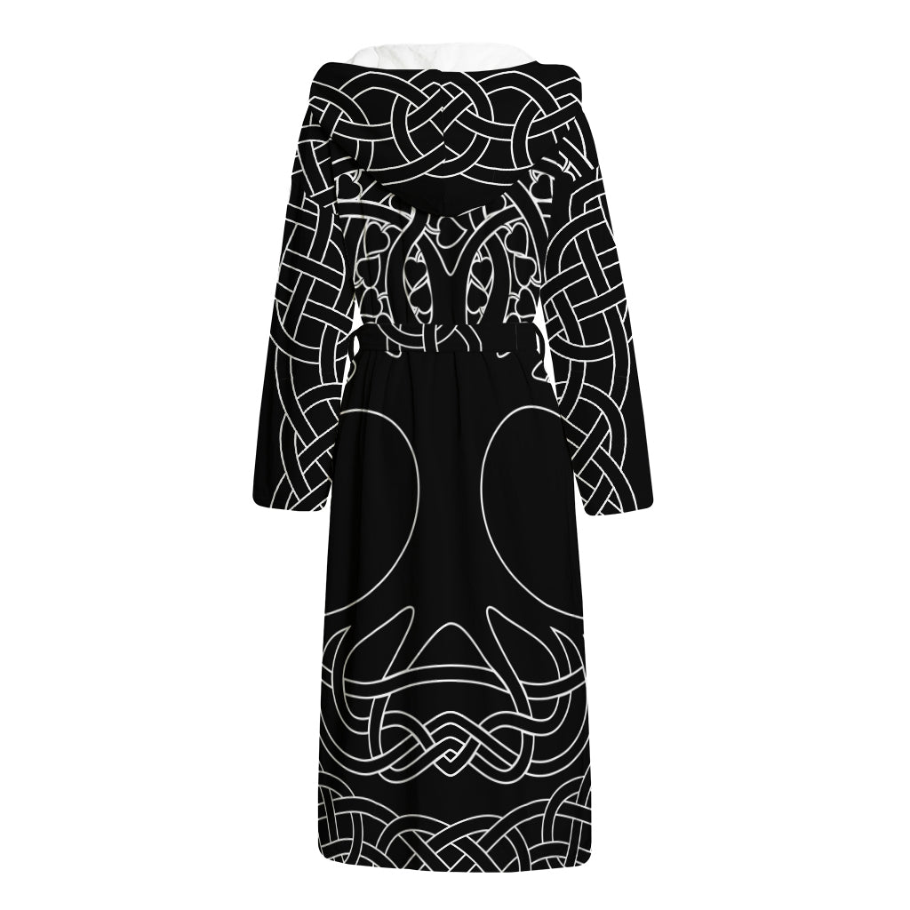 Black And White Viking Yggdrasil Print Hooded Bathrobe
