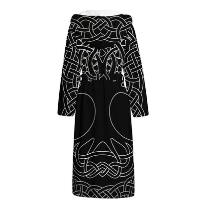 Black And White Viking Yggdrasil Print Hooded Bathrobe