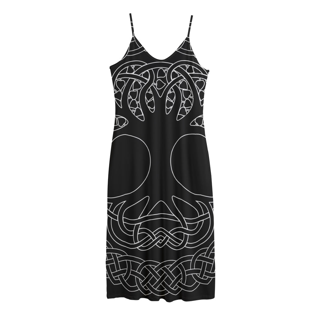 Black And White Viking Yggdrasil Print Jersey Midi Cami Dress