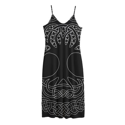 Black And White Viking Yggdrasil Print Jersey Midi Cami Dress