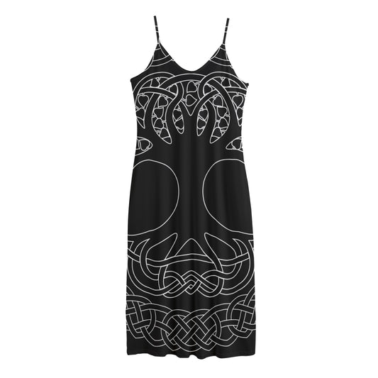 Black And White Viking Yggdrasil Print Jersey Midi Cami Dress