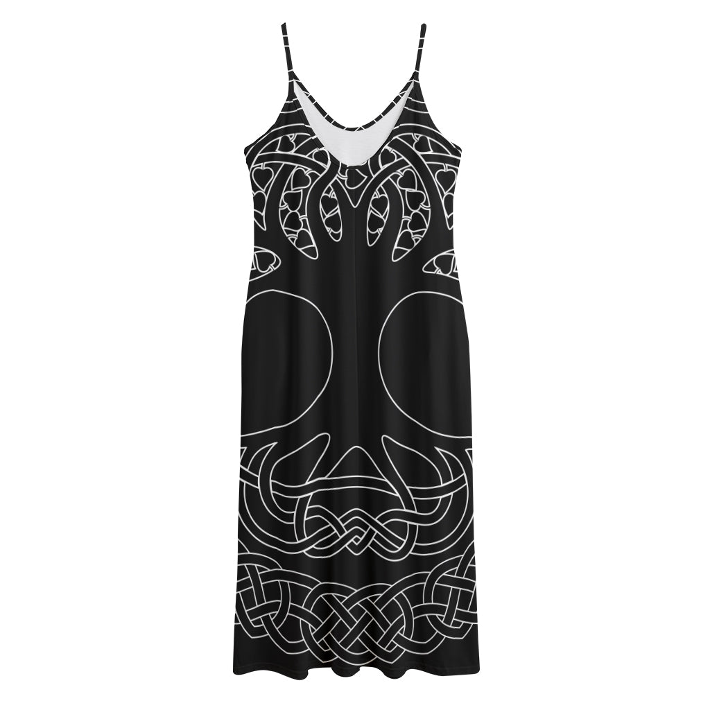 Black And White Viking Yggdrasil Print Jersey Midi Cami Dress