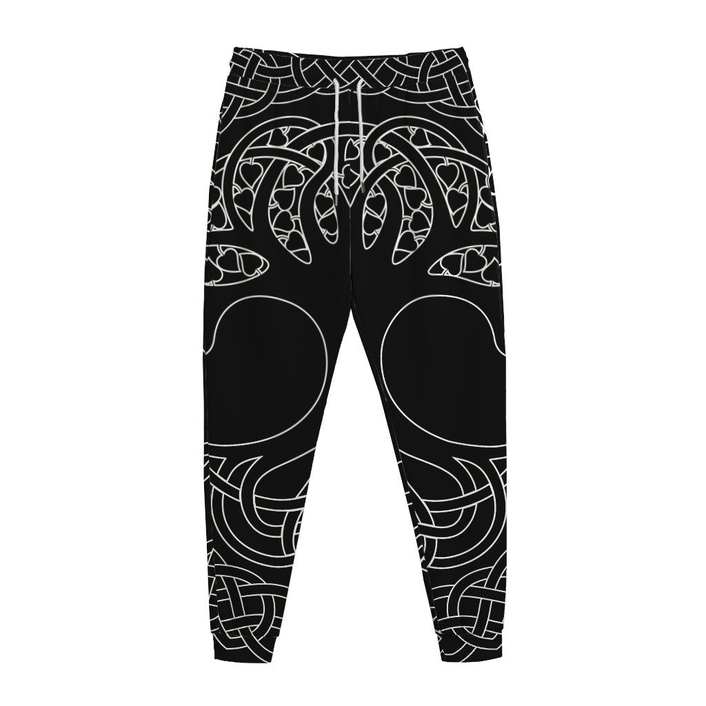 Black And White Viking Yggdrasil Print Jogger Pants
