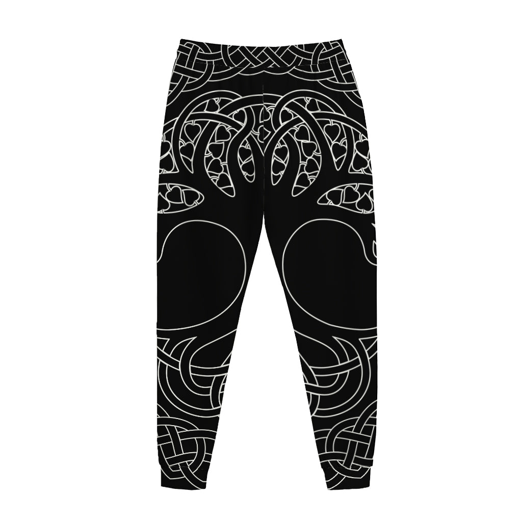 Black And White Viking Yggdrasil Print Jogger Pants