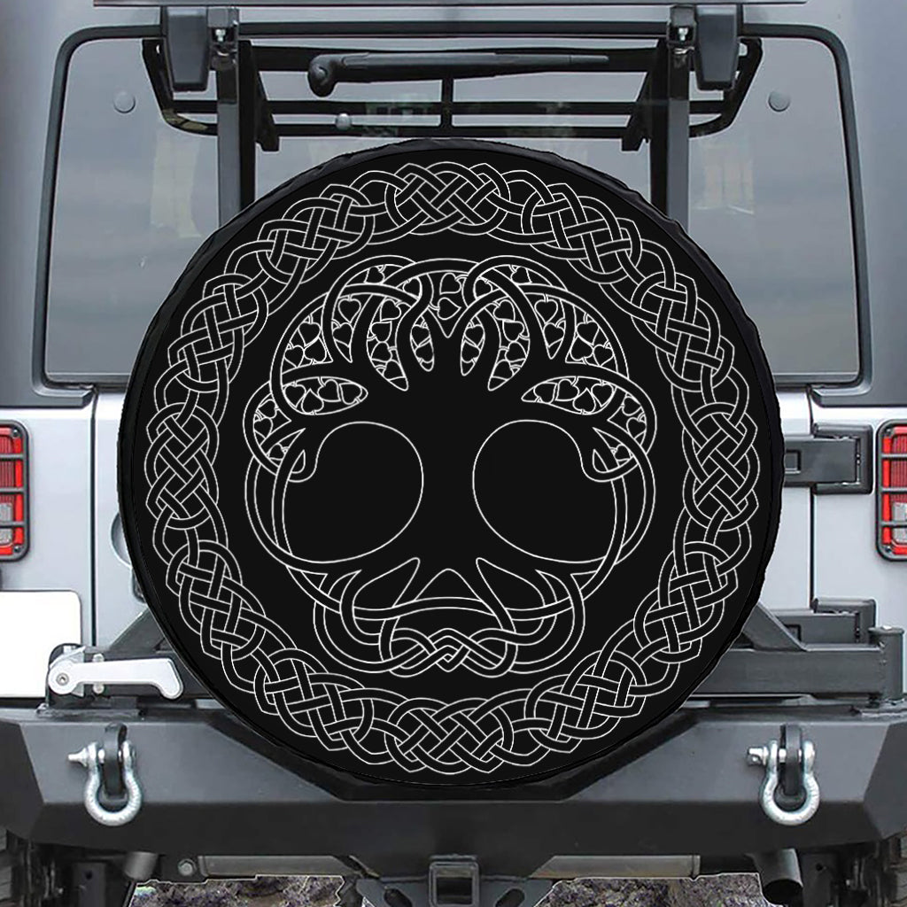 Black And White Viking Yggdrasil Print Leather Spare Tire Cover