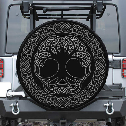 Black And White Viking Yggdrasil Print Leather Spare Tire Cover