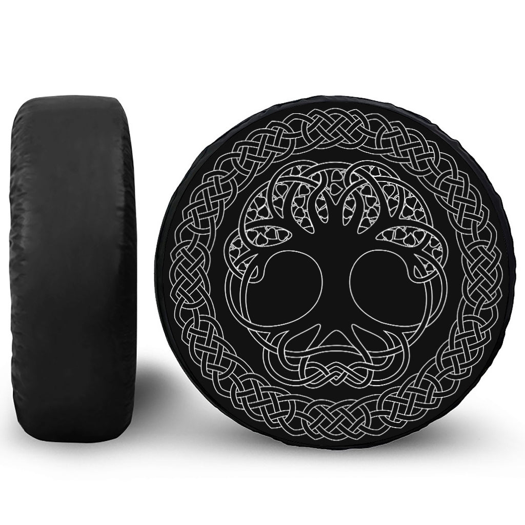 Black And White Viking Yggdrasil Print Leather Spare Tire Cover