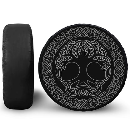 Black And White Viking Yggdrasil Print Leather Spare Tire Cover