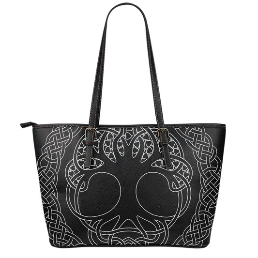 Black And White Viking Yggdrasil Print Leather Tote Bag