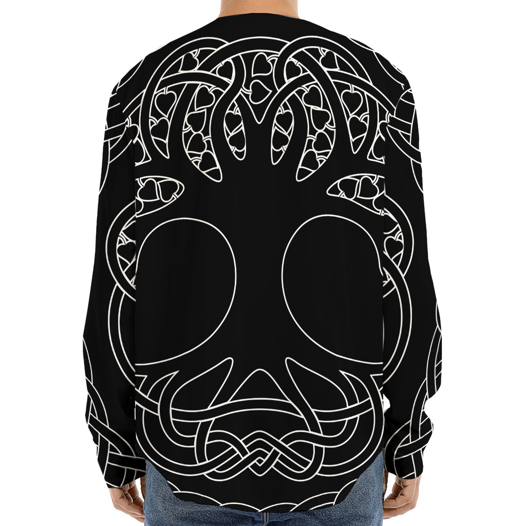 Black And White Viking Yggdrasil Print Long Sleeve Baseball Jersey