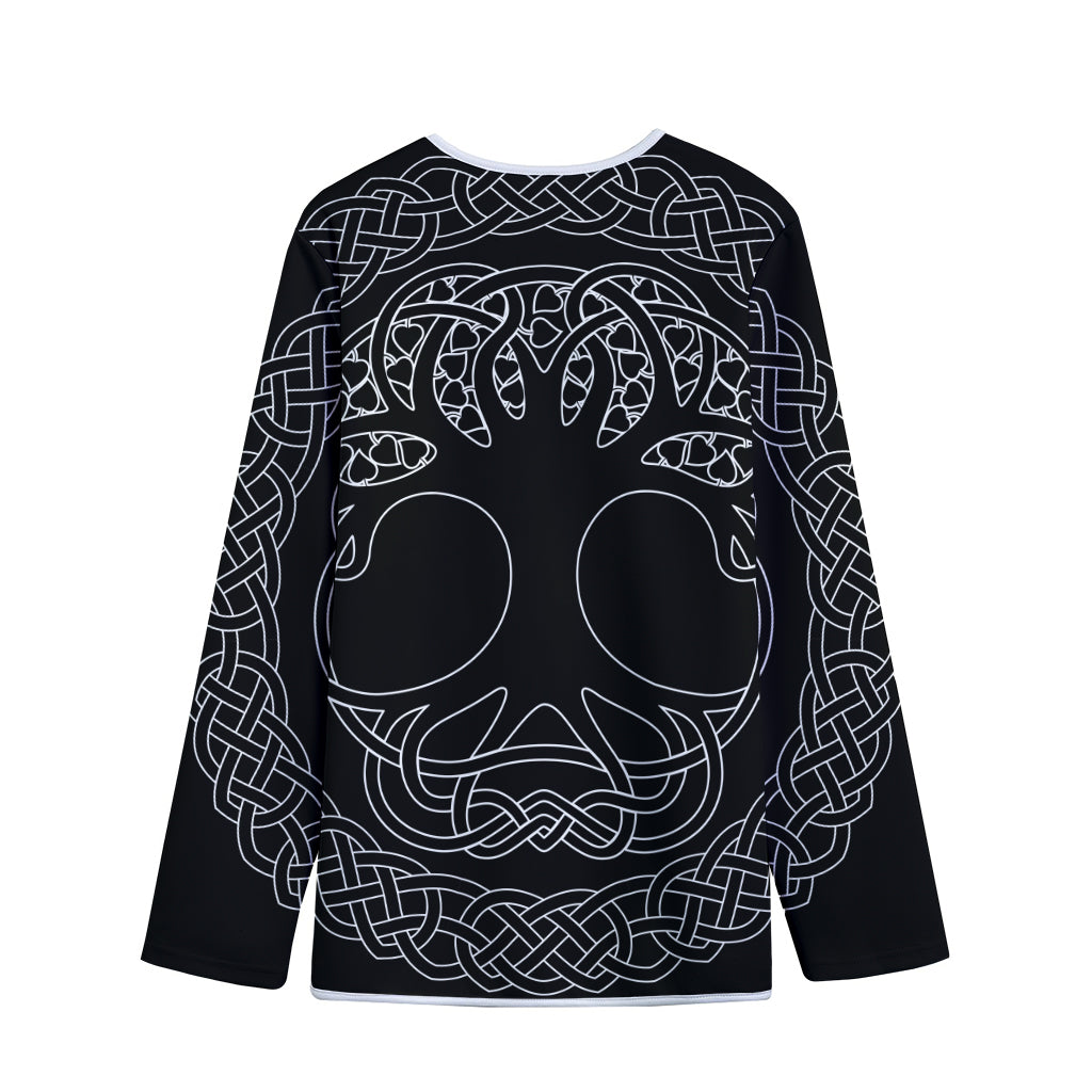 Black And White Viking Yggdrasil Print Long Sleeve Short Coat