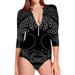 Black And White Viking Yggdrasil Print Long Sleeve Swimsuit