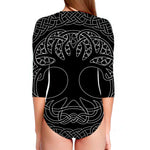Black And White Viking Yggdrasil Print Long Sleeve Swimsuit