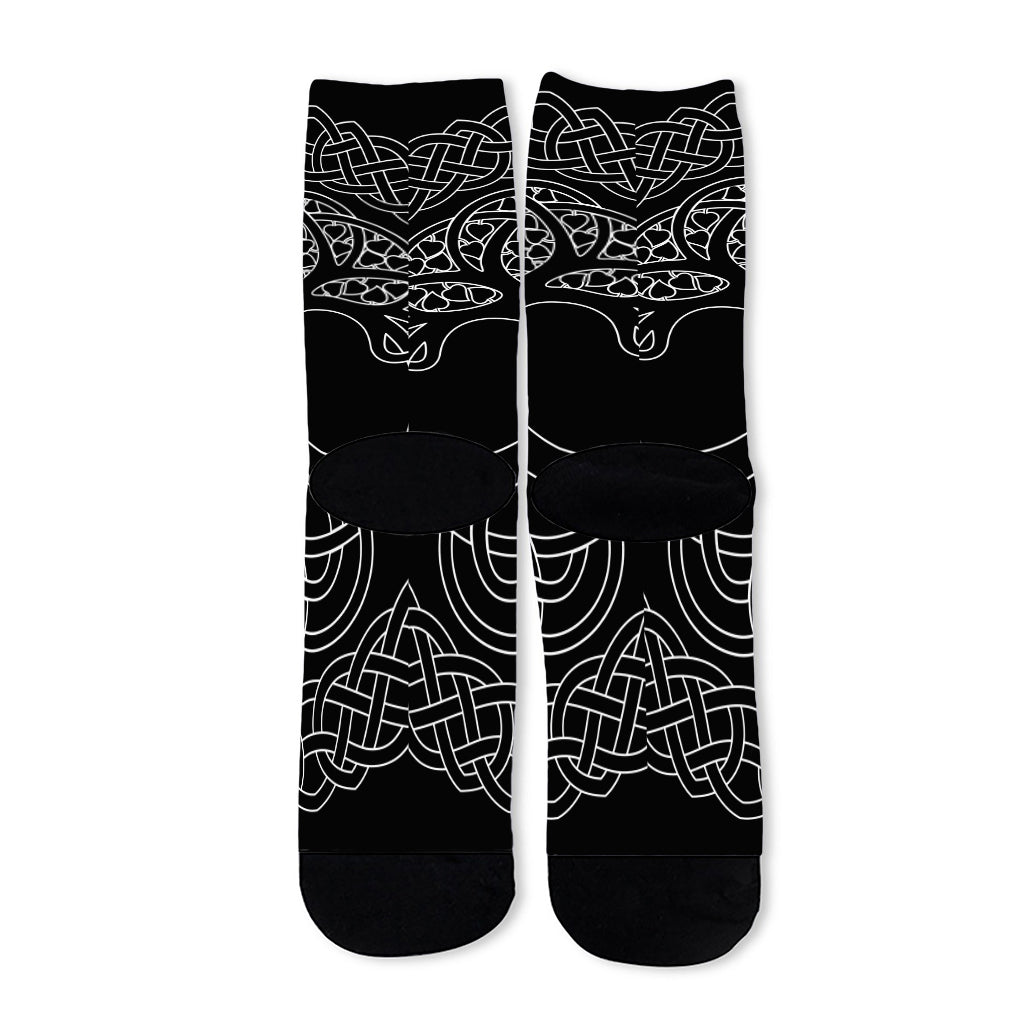 Black And White Viking Yggdrasil Print Long Socks
