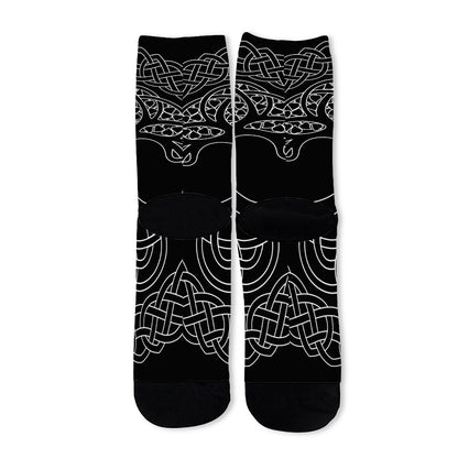 Black And White Viking Yggdrasil Print Long Socks