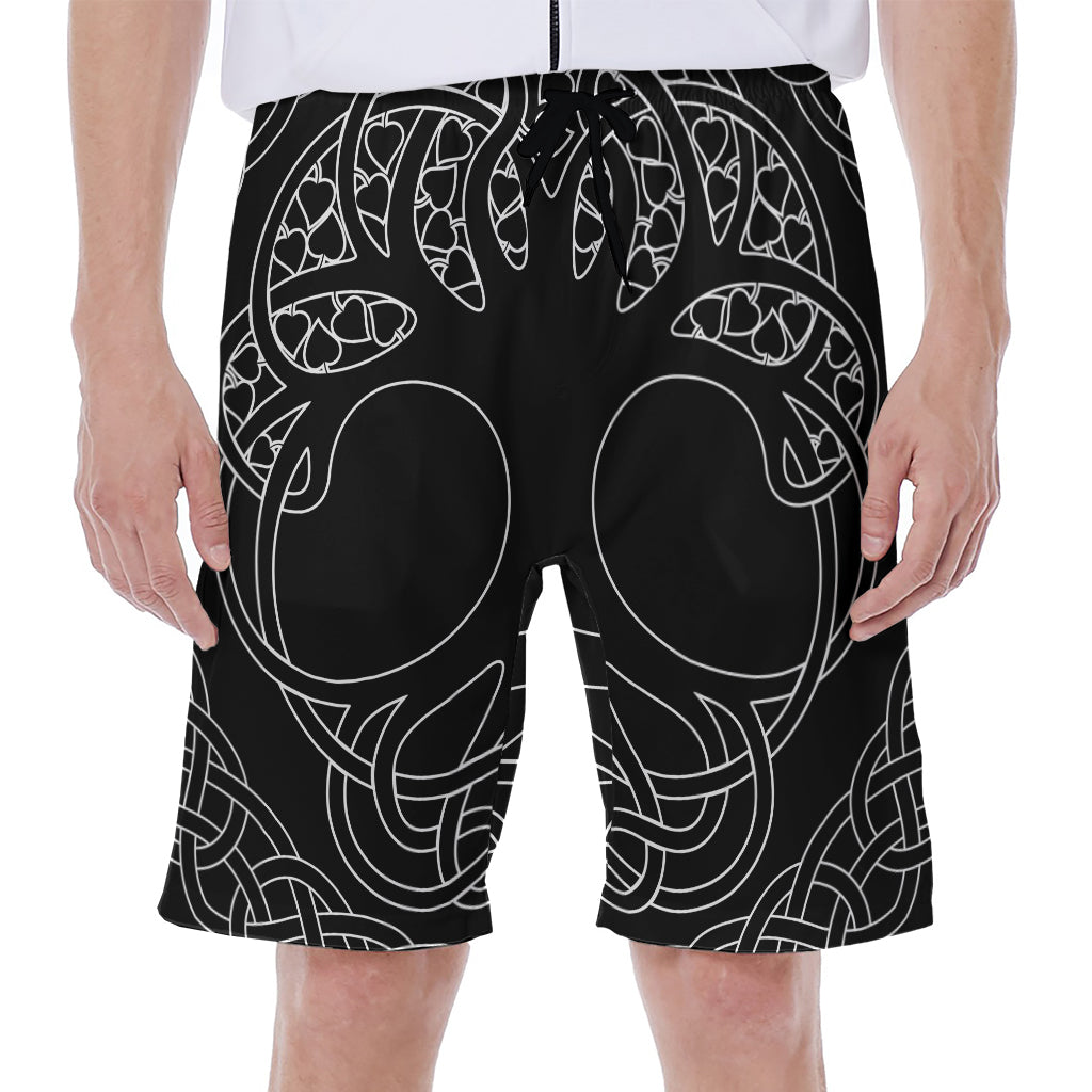Black And White Viking Yggdrasil Print Men's Beach Shorts