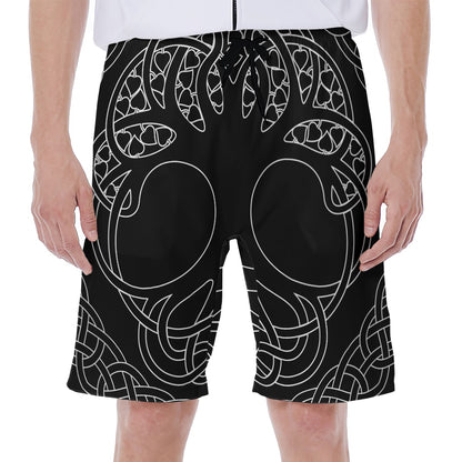Black And White Viking Yggdrasil Print Men's Beach Shorts
