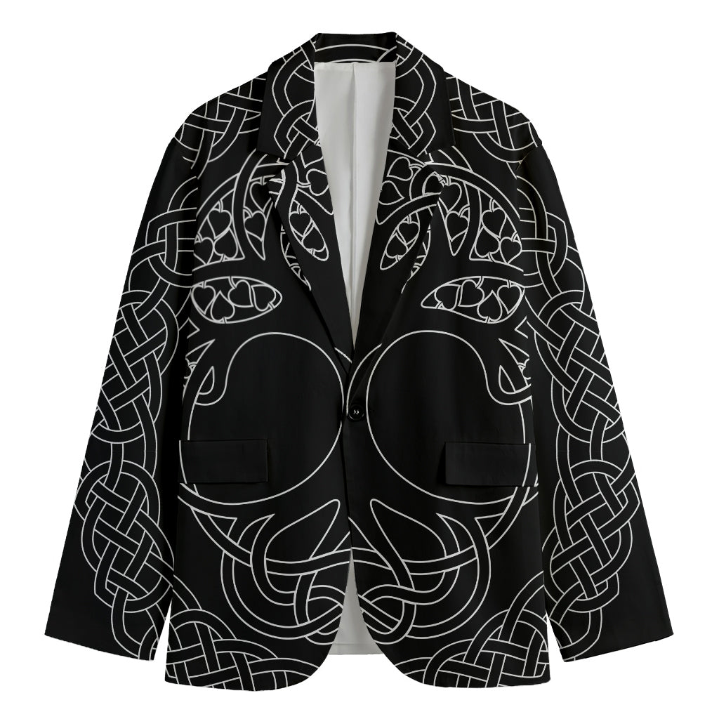 Black And White Viking Yggdrasil Print Men's Blazer