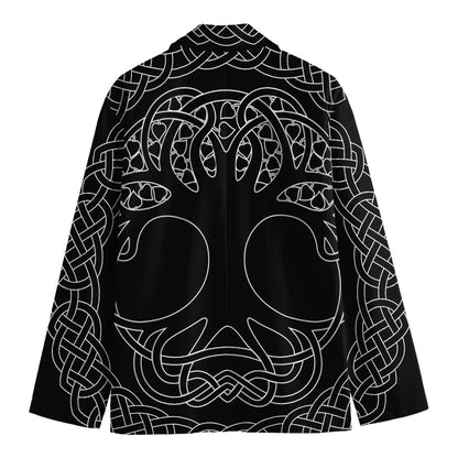 Black And White Viking Yggdrasil Print Men's Cotton Blazer