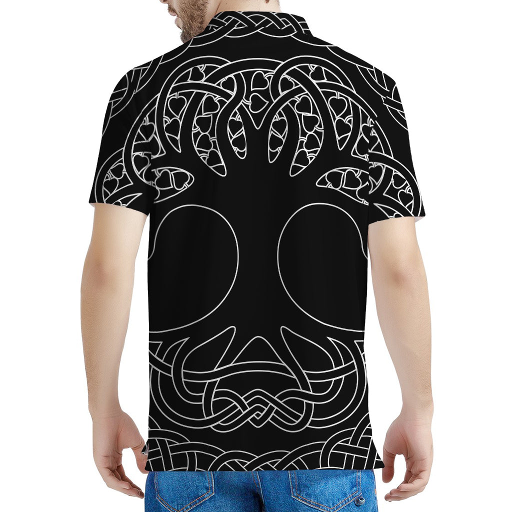 Black And White Viking Yggdrasil Print Men's Polo Shirt