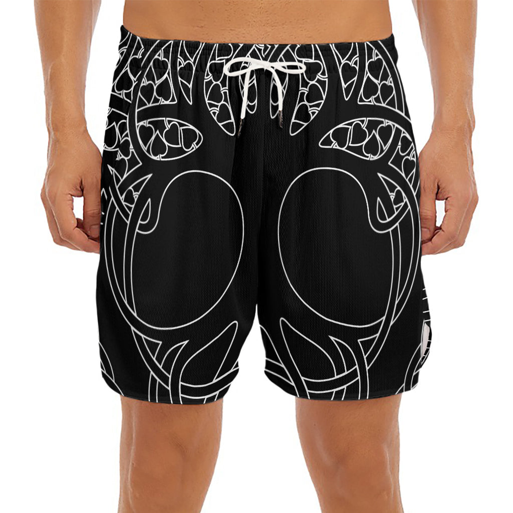Black And White Viking Yggdrasil Print Men's Split Running Shorts