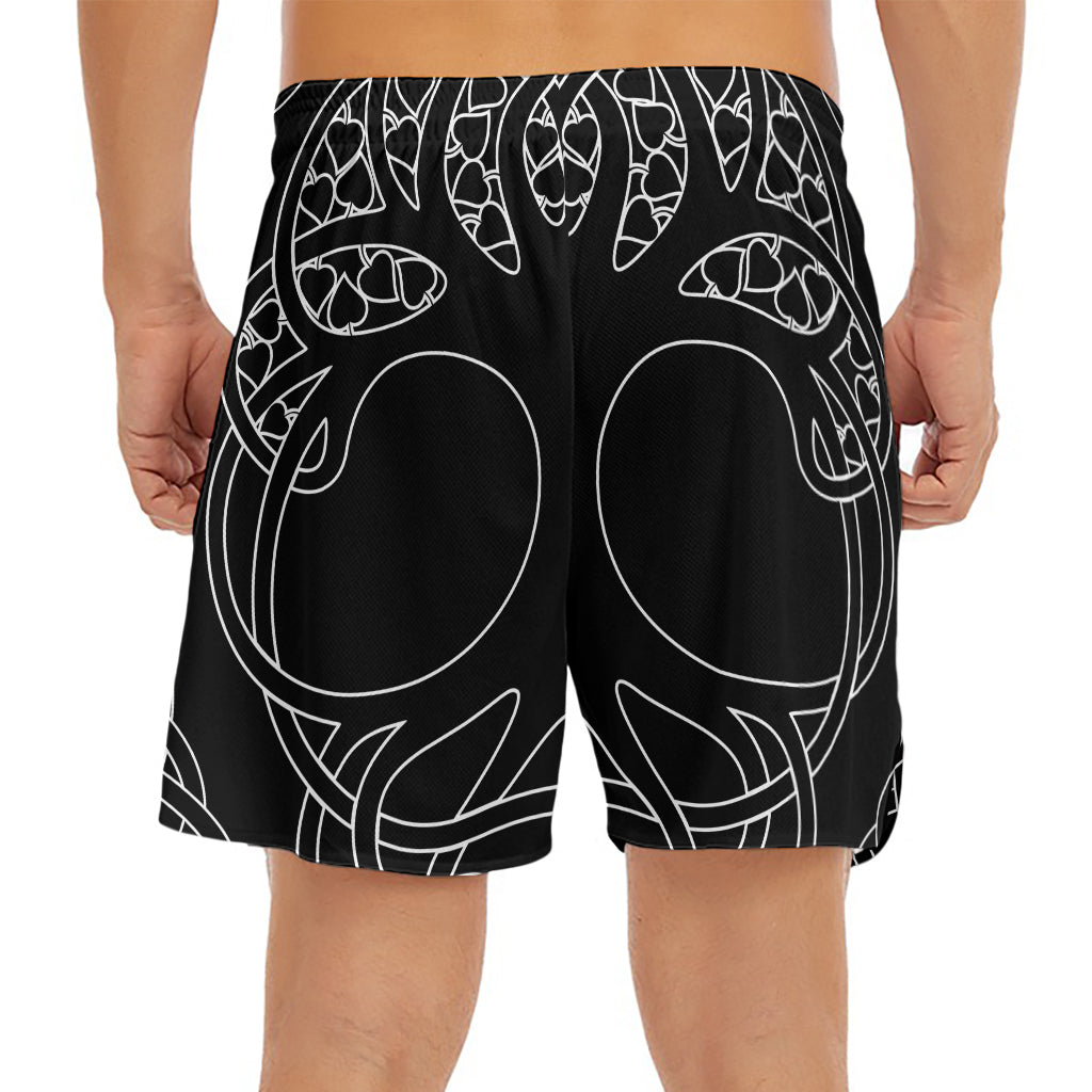 Black And White Viking Yggdrasil Print Men's Split Running Shorts