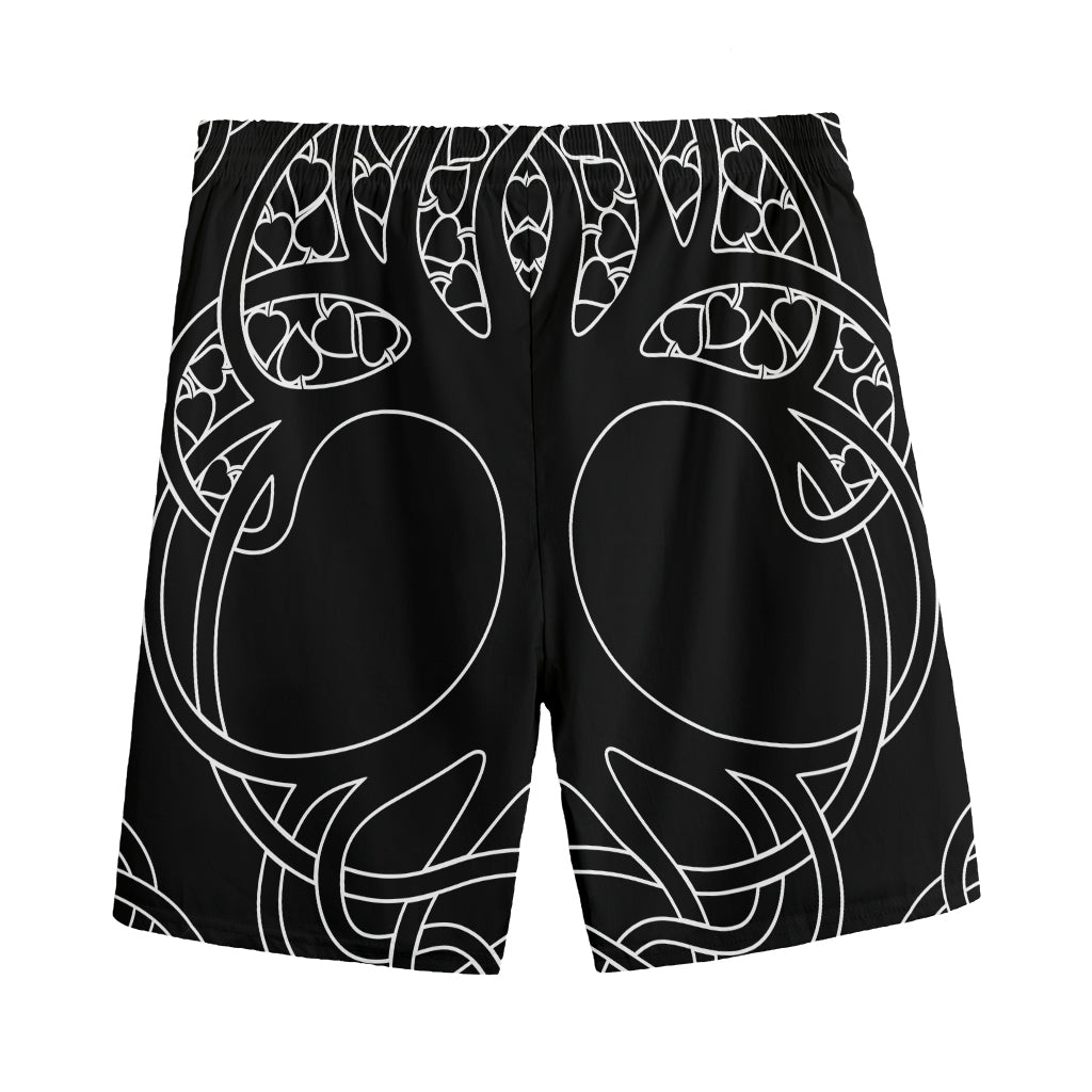 Black And White Viking Yggdrasil Print Men's Sports Shorts