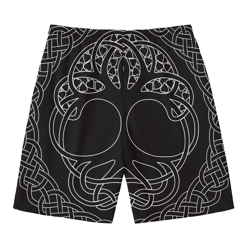 Black And White Viking Yggdrasil Print Men's Swim Trunks