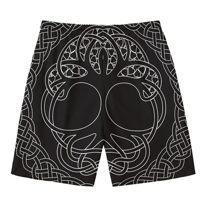 Black And White Viking Yggdrasil Print Men's Swim Trunks