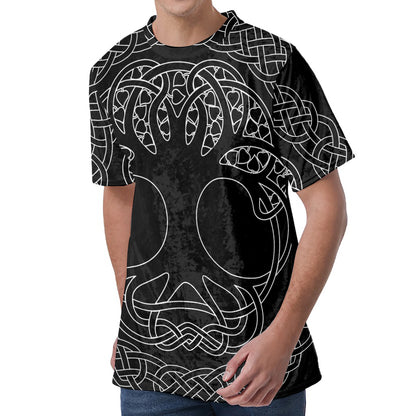 Black And White Viking Yggdrasil Print Men's Velvet T-Shirt