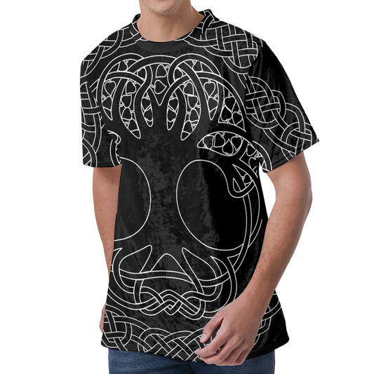 Black And White Viking Yggdrasil Print Men's Velvet T-Shirt